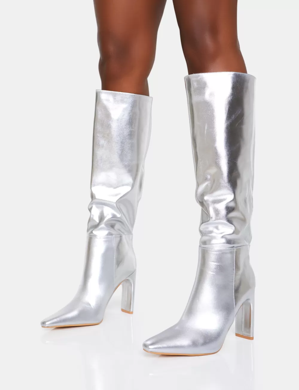 Outlet Public Desire Undone Pu Knee High Zip Up Pointed Toe Thin Block Heeled Boots Silver
