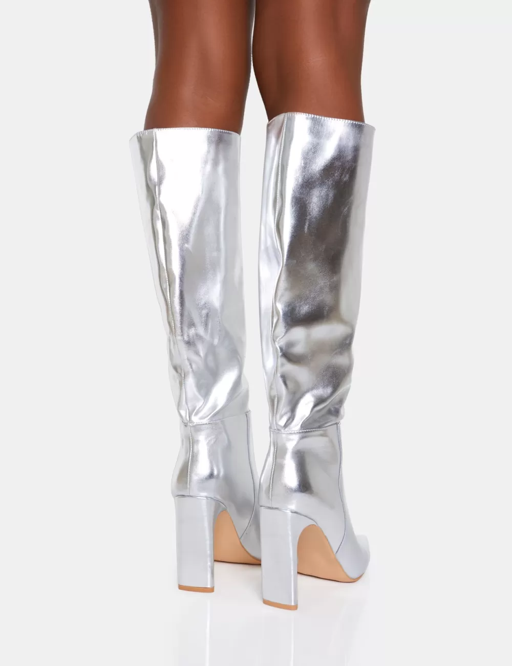 Outlet Public Desire Undone Pu Knee High Zip Up Pointed Toe Thin Block Heeled Boots Silver