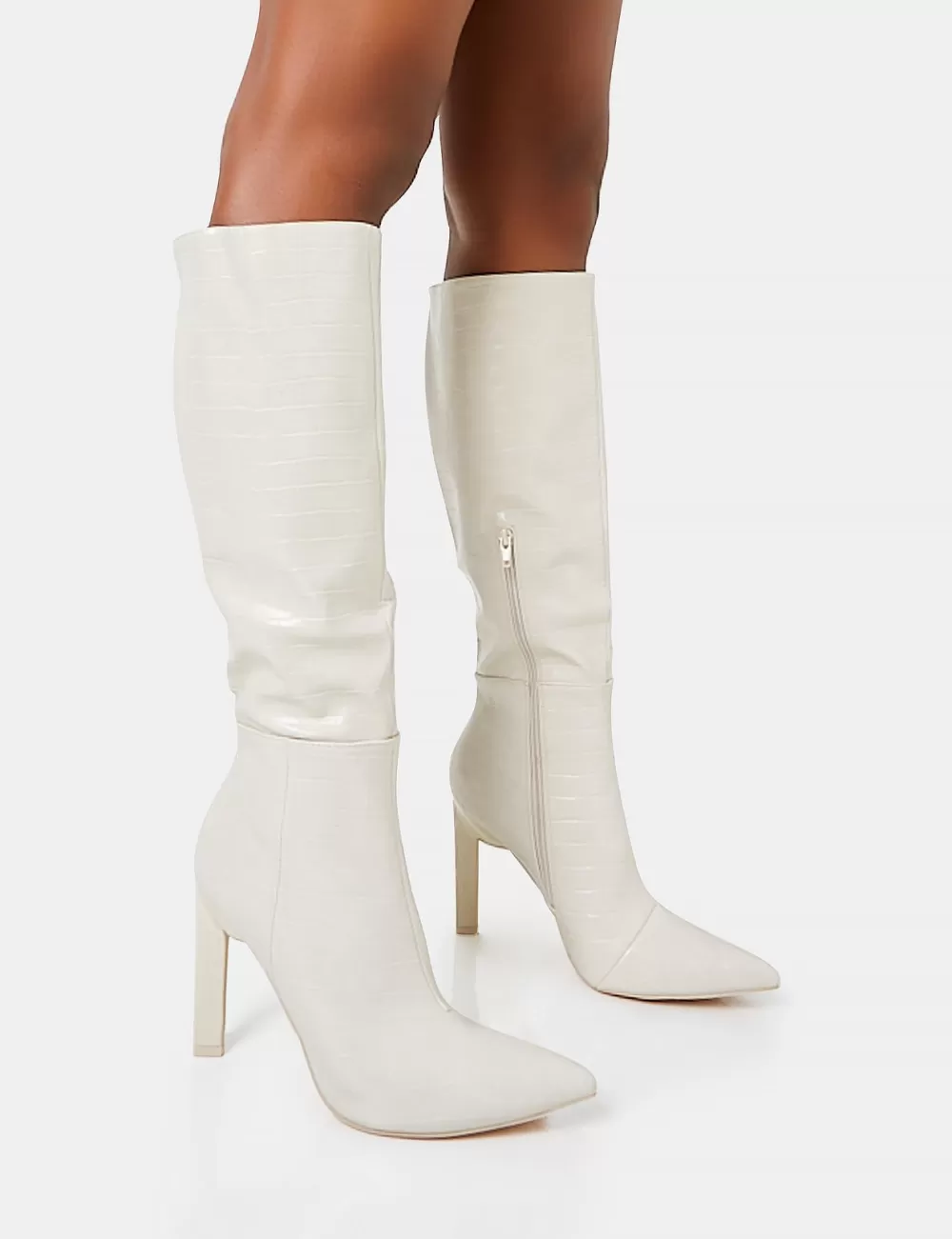 New Public Desire Unite Ecru Croc Pointed Toe Knee High Block Heeled Boots Neutral