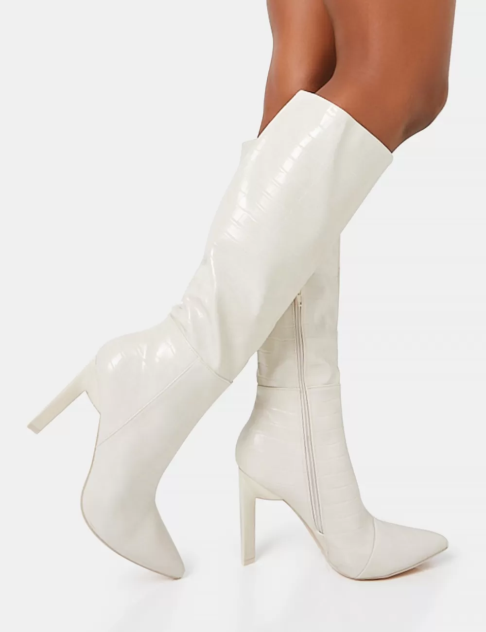 New Public Desire Unite Ecru Croc Pointed Toe Knee High Block Heeled Boots Neutral