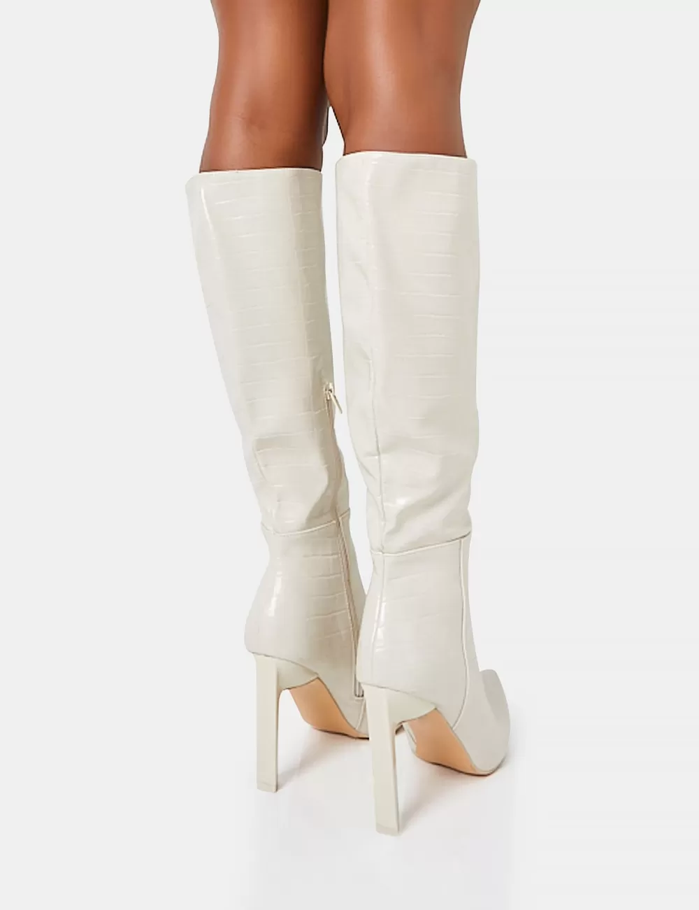 New Public Desire Unite Ecru Croc Pointed Toe Knee High Block Heeled Boots Neutral