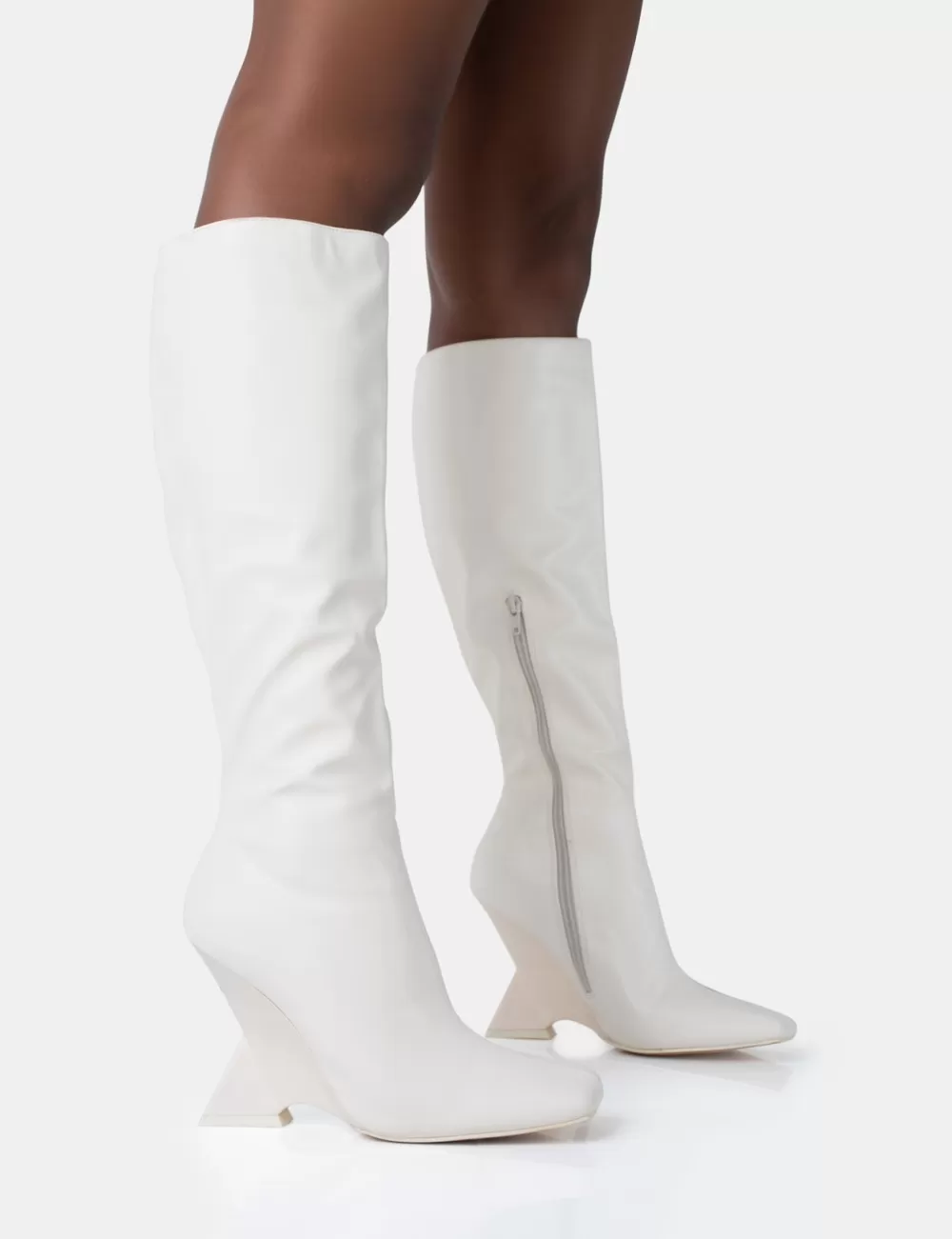 Shop Public Desire Vanessa Ecru PU Inverted Wedge Square Toe Heeled Knee High Boots White