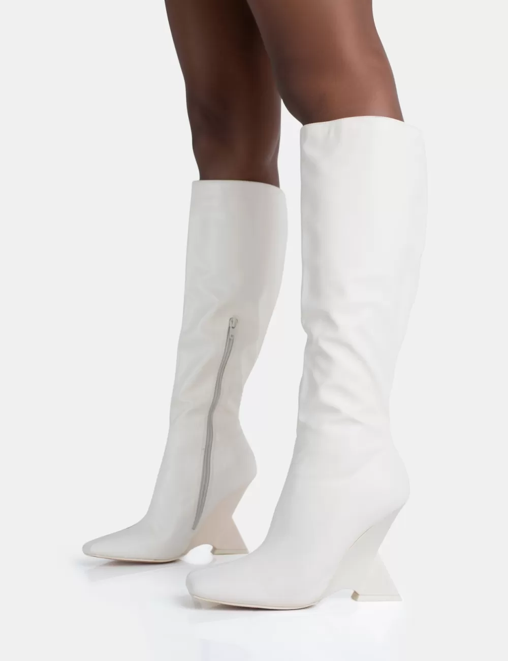 Shop Public Desire Vanessa Ecru PU Inverted Wedge Square Toe Heeled Knee High Boots White