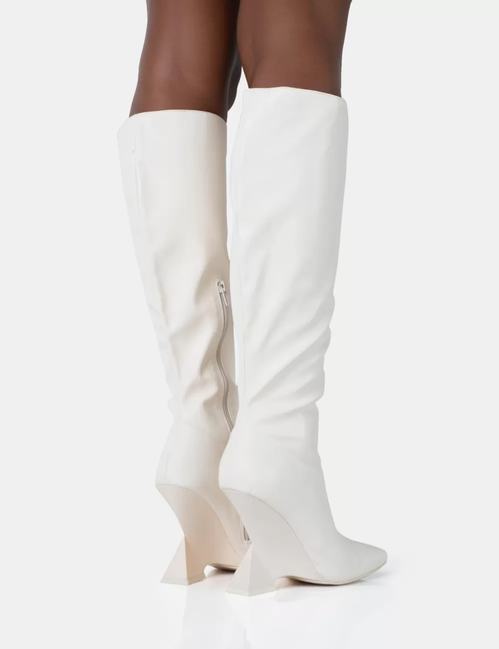 Shop Public Desire Vanessa Ecru PU Inverted Wedge Square Toe Heeled Knee High Boots White