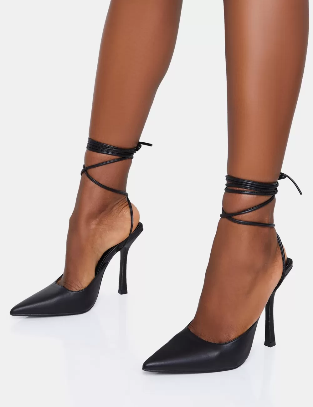 Best Public Desire Verity Pu Slingback Lace Up Pointed Court Stiletto Heels Black