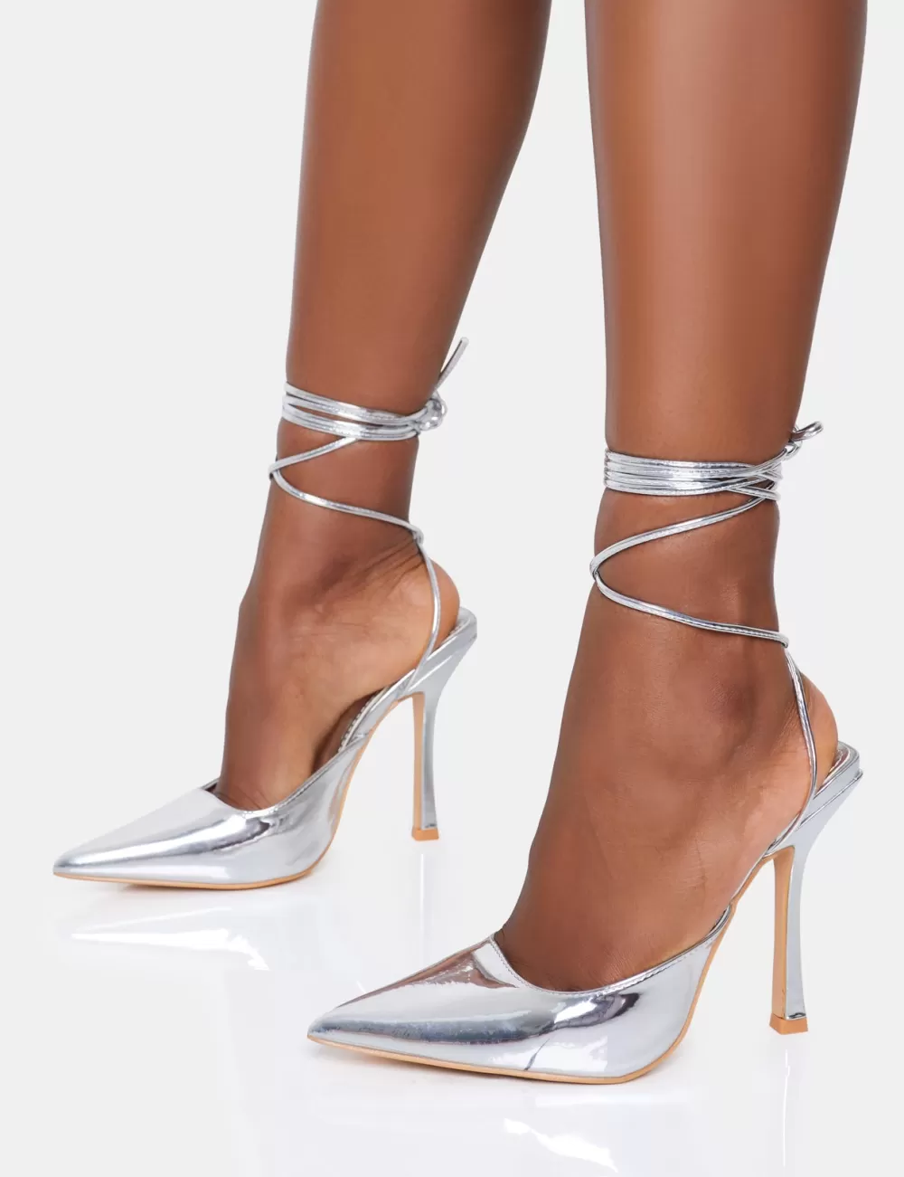 Outlet Public Desire Verity Wide Fit Slingback Lace Up Pointed Court Stiletto Heels Silver