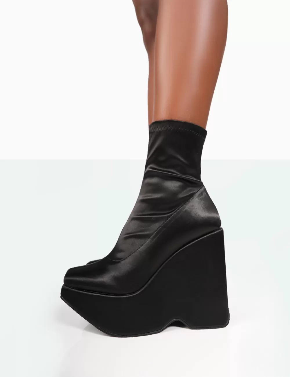 Best Sale Public Desire Versus Wide Fit Black Satin Platform Sole Ankle Boots
