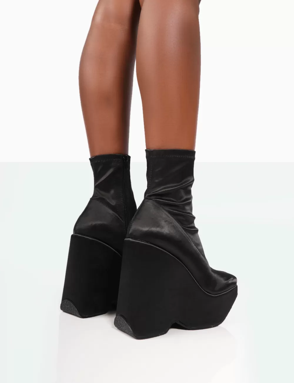 Best Sale Public Desire Versus Wide Fit Black Satin Platform Sole Ankle Boots