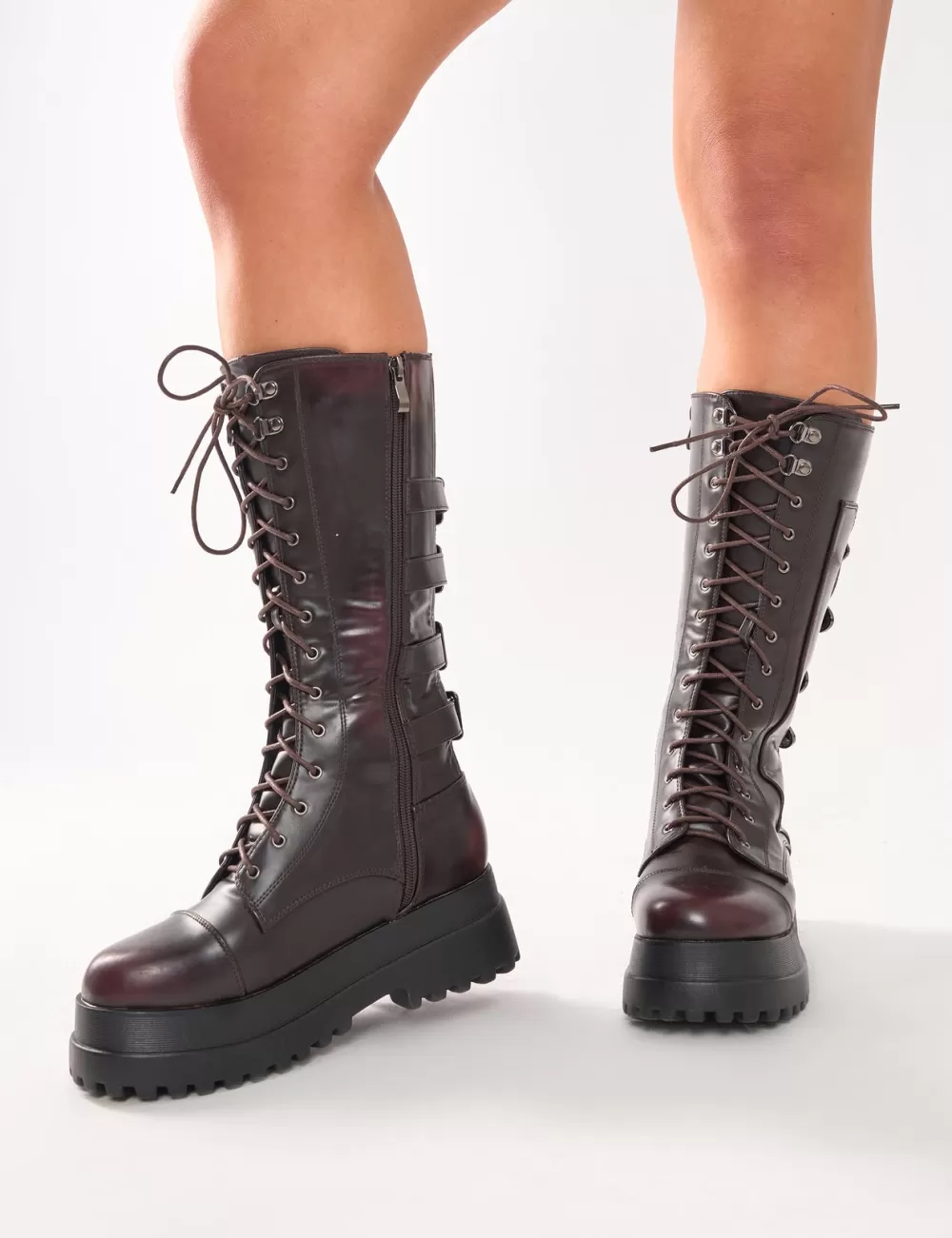 Store Public Desire Vex Multi Buckle Detail Lace Up Knee High Boots Burgundy