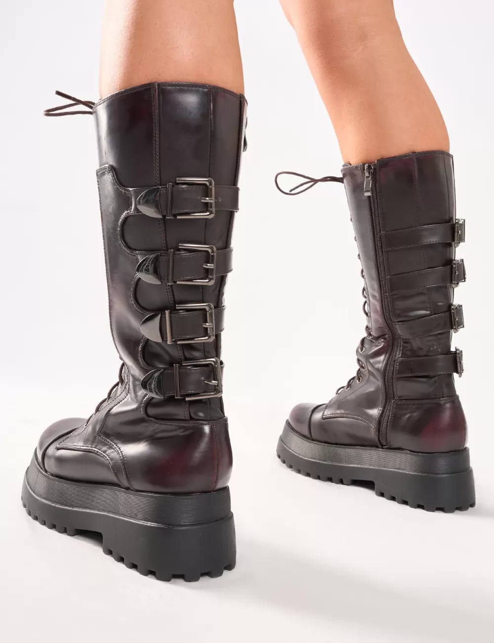 Store Public Desire Vex Multi Buckle Detail Lace Up Knee High Boots Burgundy