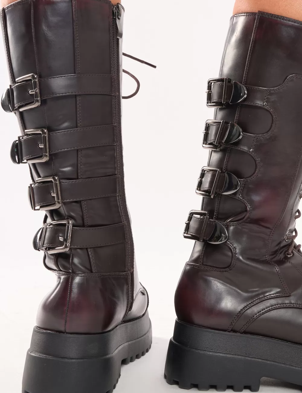 Store Public Desire Vex Multi Buckle Detail Lace Up Knee High Boots Burgundy