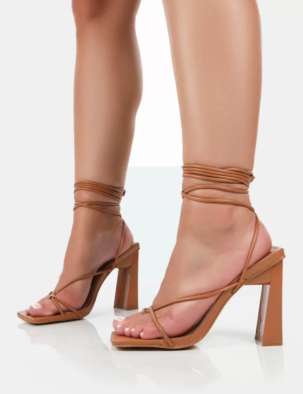 Cheap Public Desire Viva Wide Fit Caramel Pu Strappy Lace Up Stiletto Thin Block Heels Brown