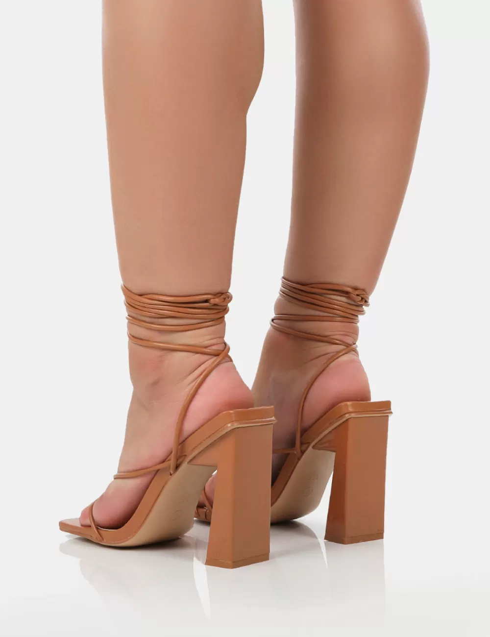 Cheap Public Desire Viva Wide Fit Caramel Pu Strappy Lace Up Stiletto Thin Block Heels Brown