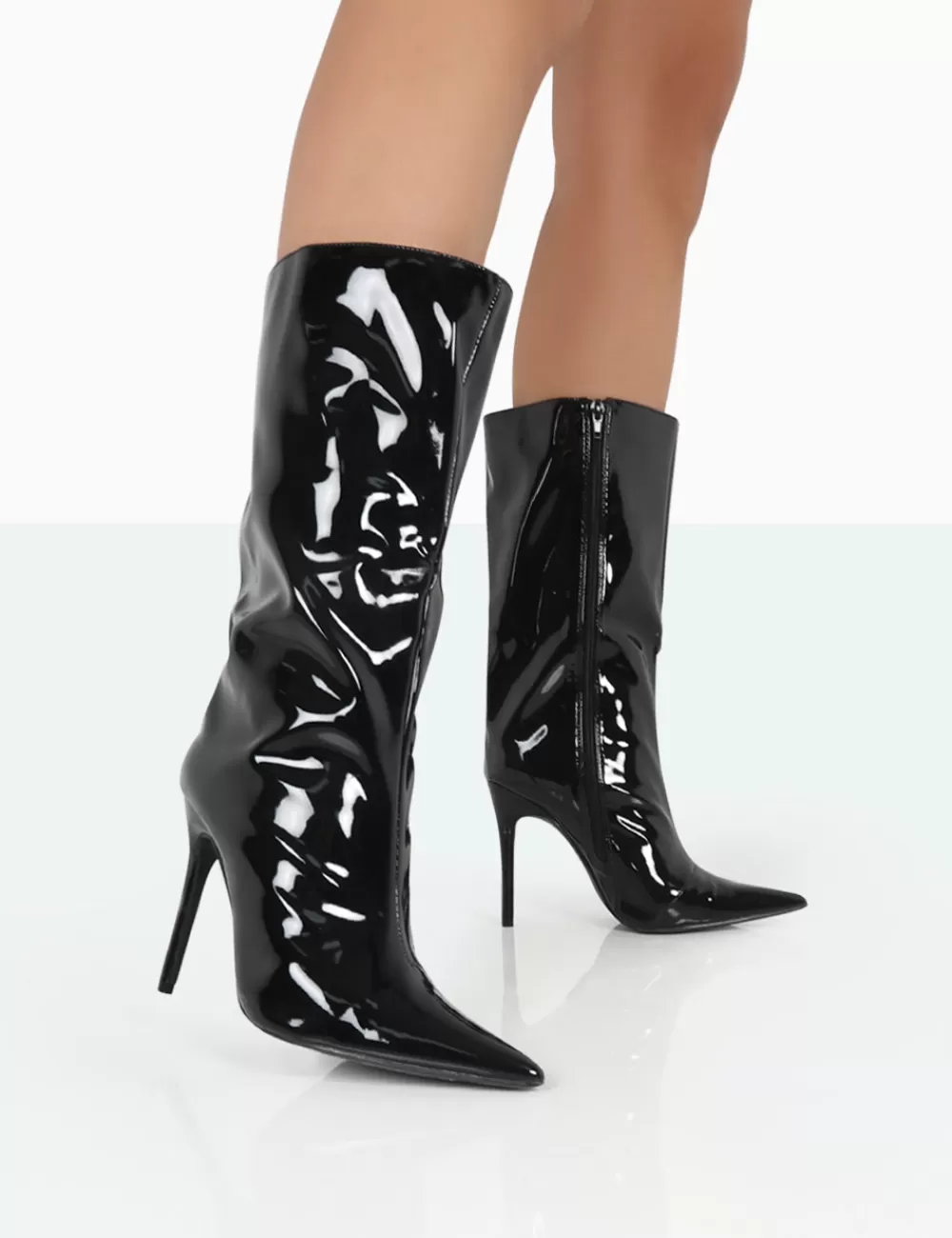 Shop Public Desire Wanda Patent PU Pointed Toe Stiletto Knee High Boots Black