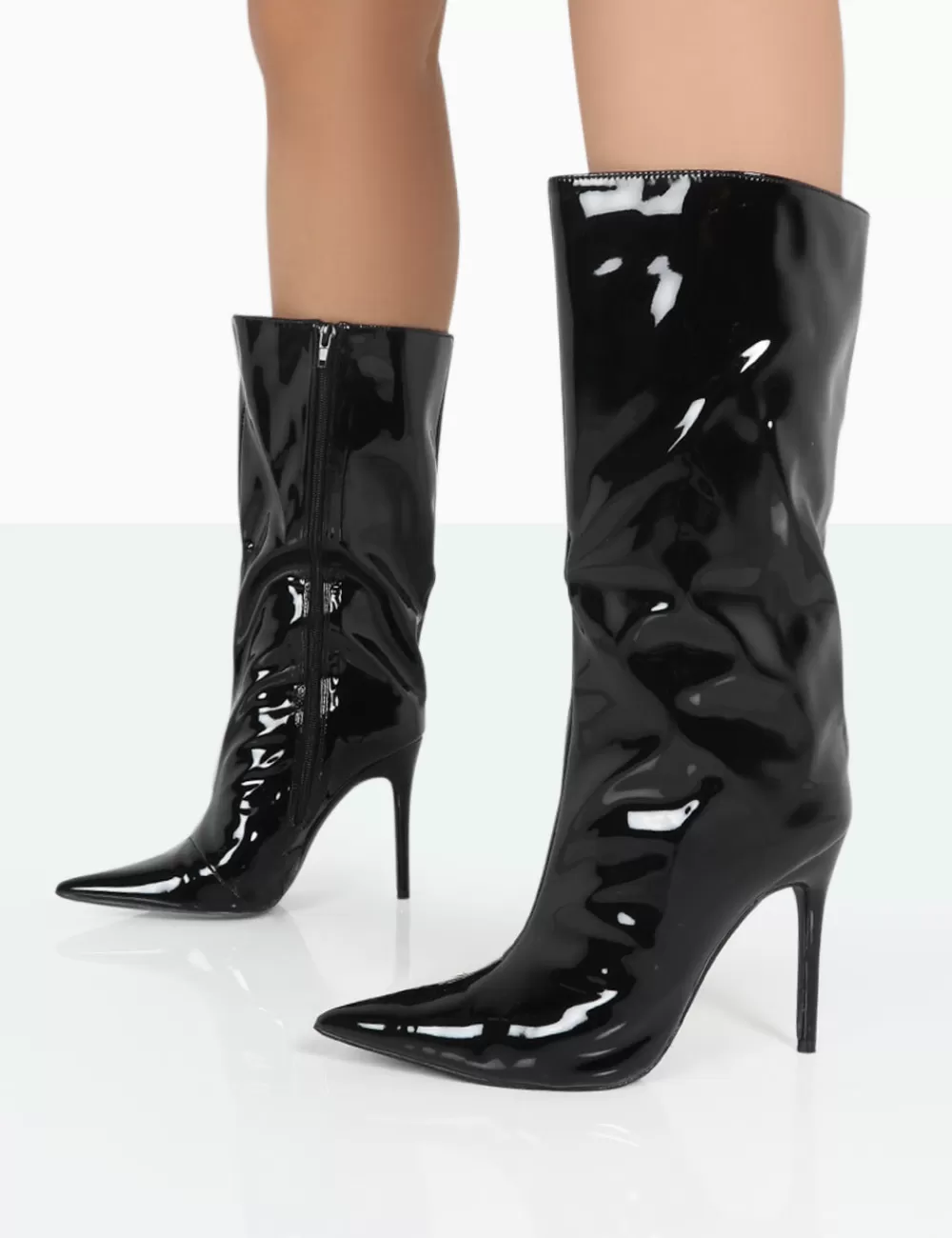 Shop Public Desire Wanda Patent PU Pointed Toe Stiletto Knee High Boots Black