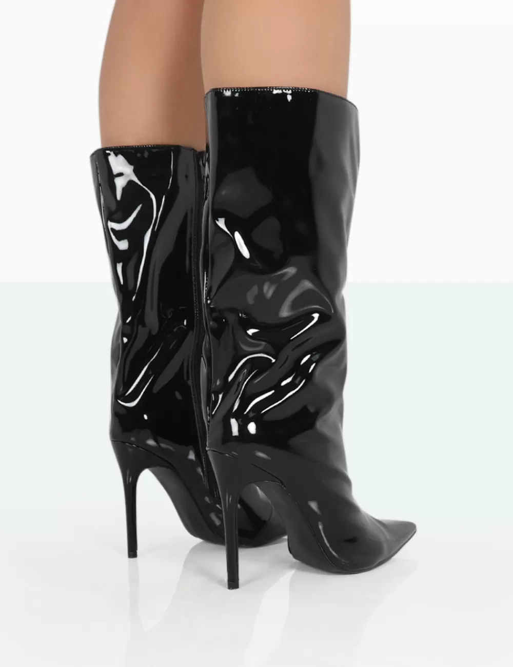 Shop Public Desire Wanda Patent PU Pointed Toe Stiletto Knee High Boots Black