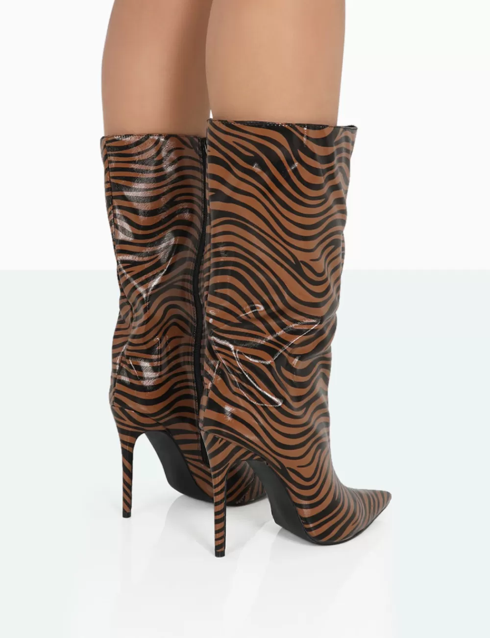 Fashion Public Desire Wanda Camel Zebra PU Pointed Toe Stiletto Knee High Boots Brown