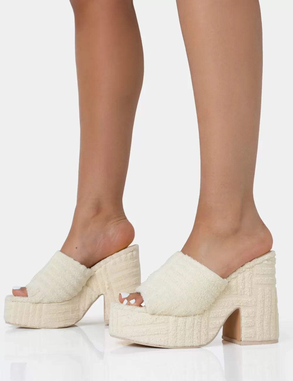 Online Public Desire Wavez Ecru Terry Towelling Round Toe Platform Block Heel Mules Neutral