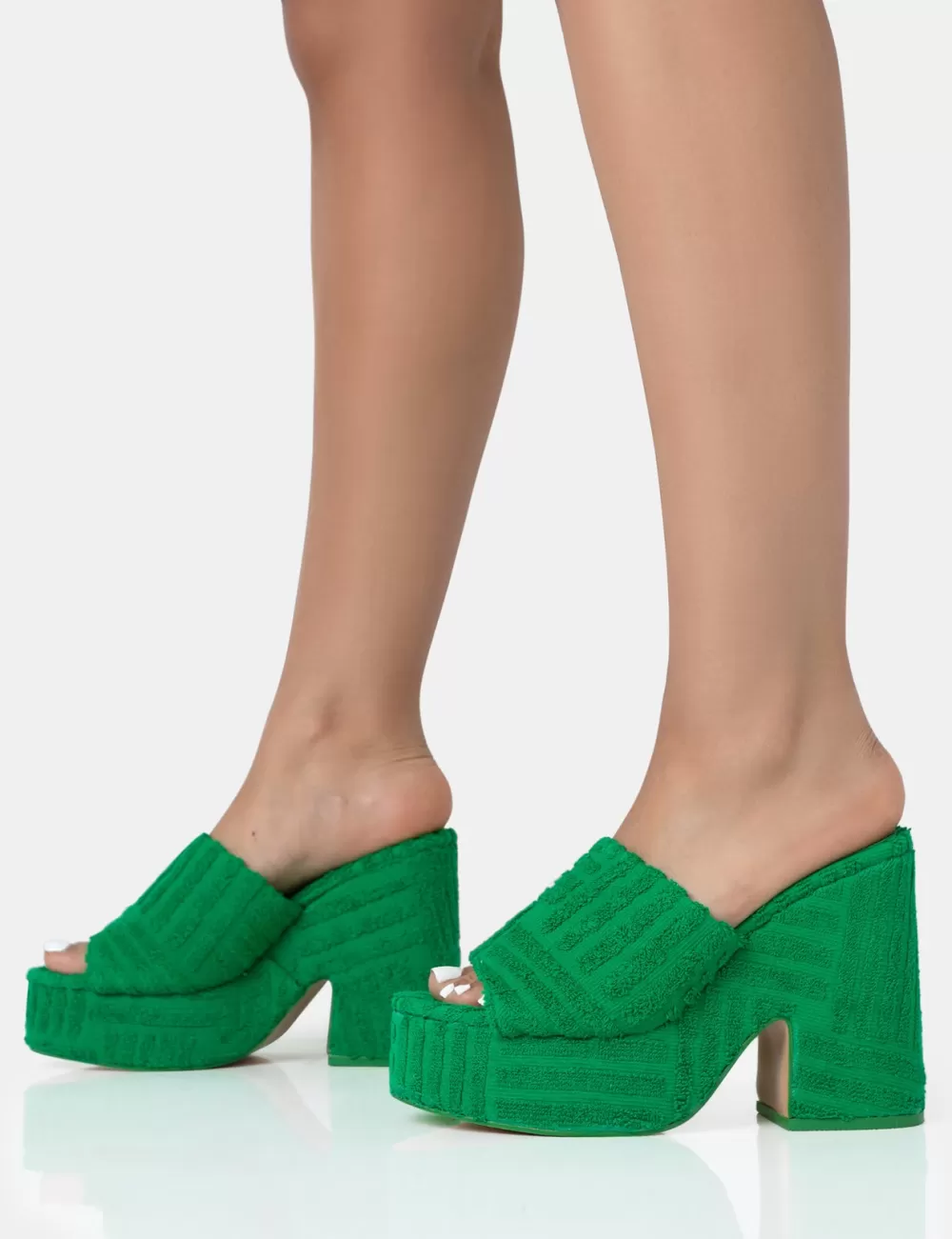Cheap Public Desire Wavez Terry Towelling Round Toe Platform Block Heel Mules Green