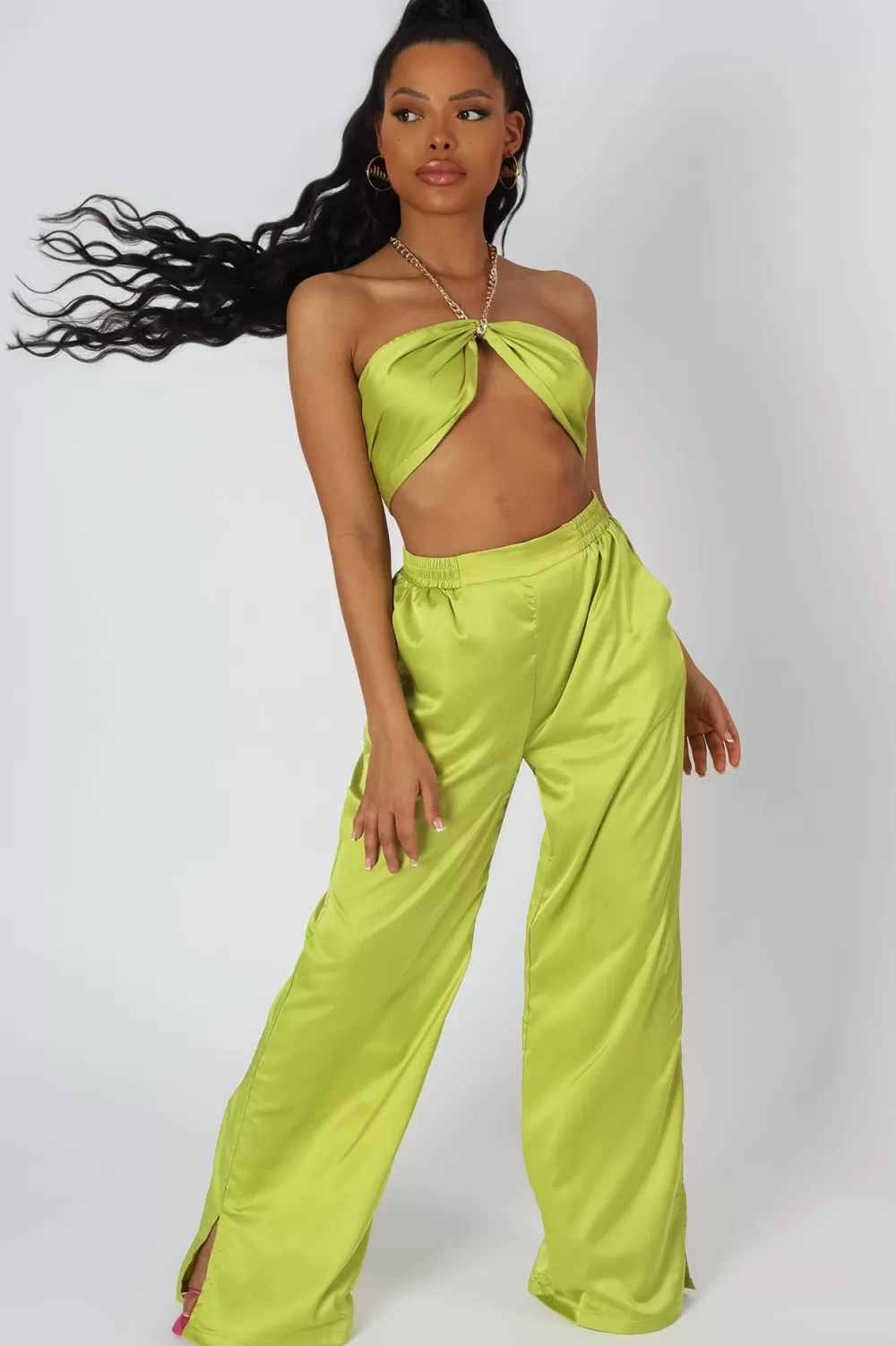 Flash Sale Public Desire Wide Leg Satin Trousers Lime Green