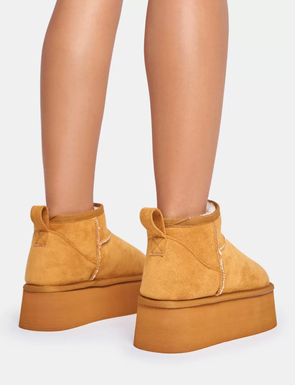 New Public Desire Willow Chestnut Faux Suede Ultra Mini Ankle Triple Platform Boots Brown