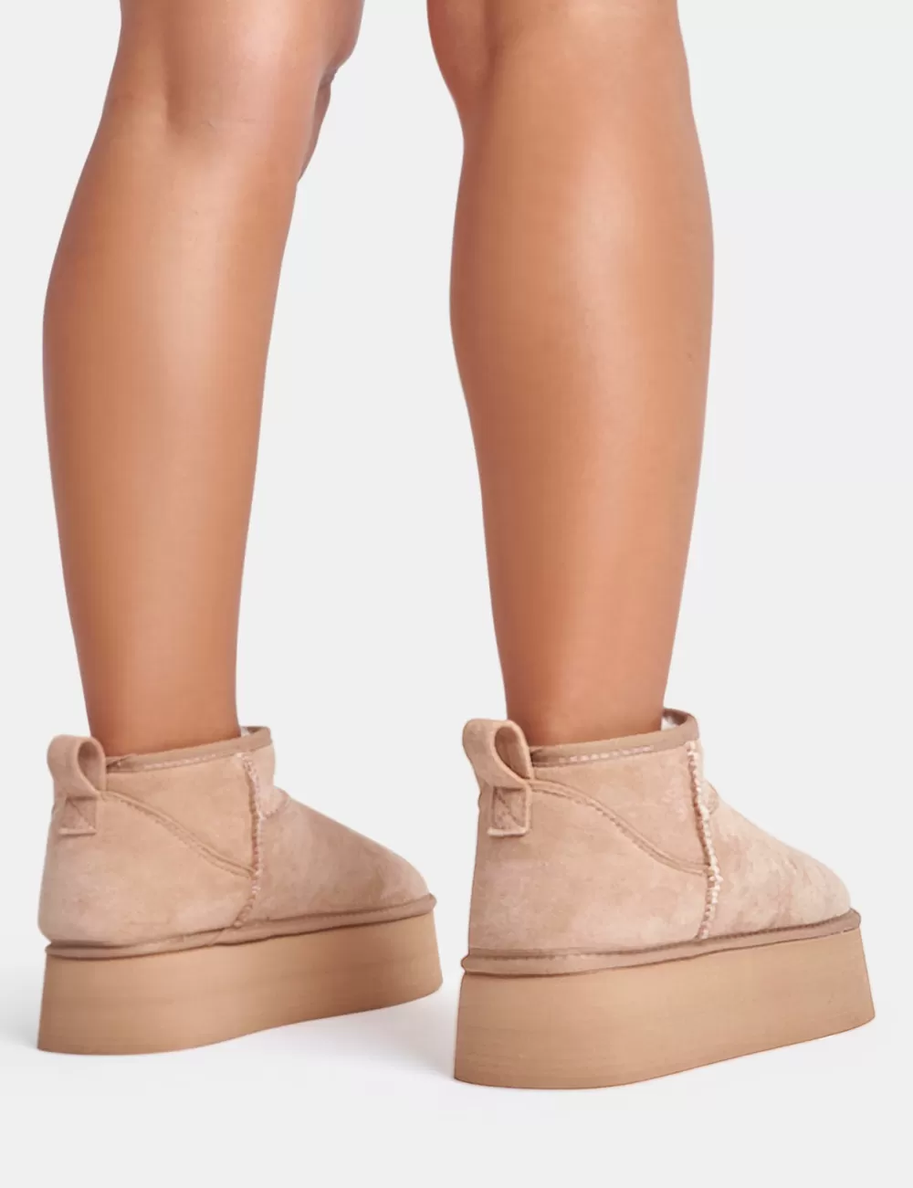 Sale Public Desire Willow Light Beige Faux Suede Ultra Mini Ankle Triple Platform Boots Neutral