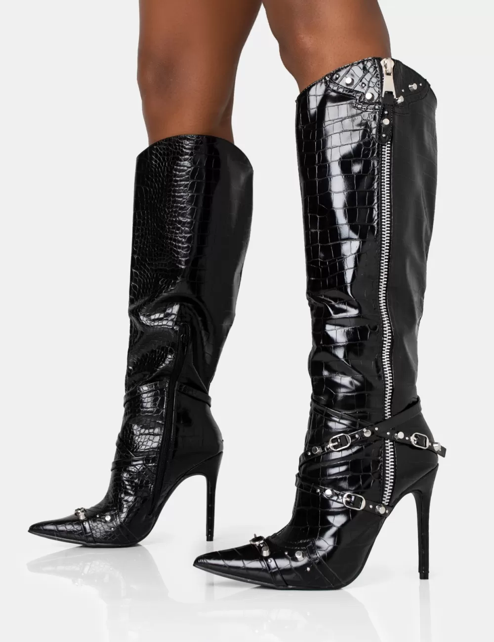 Online Public Desire Worthy Croc Studded Zip Detail Pointed Stiletto Knee High Boots Black