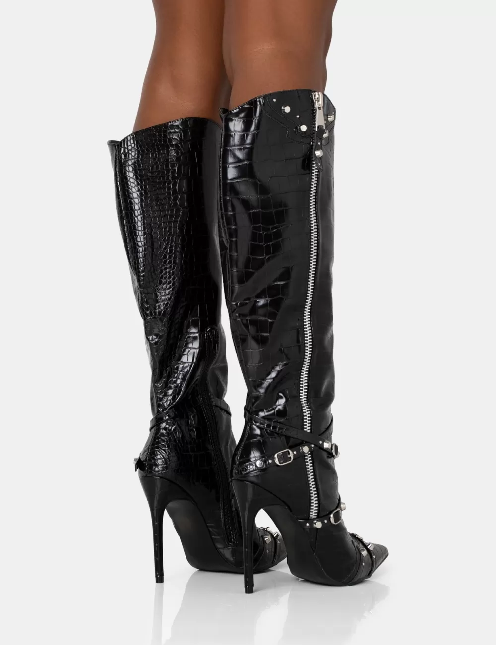 Online Public Desire Worthy Croc Studded Zip Detail Pointed Stiletto Knee High Boots Black