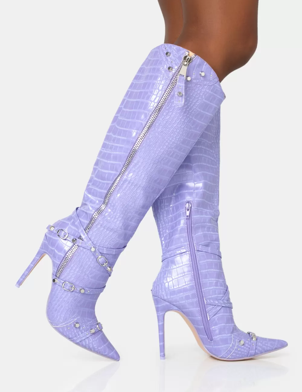 Fashion Public Desire Worthy Lilac Croc Studded Zip Detail Pointed Toe Stiletto Knee High Boots Purple