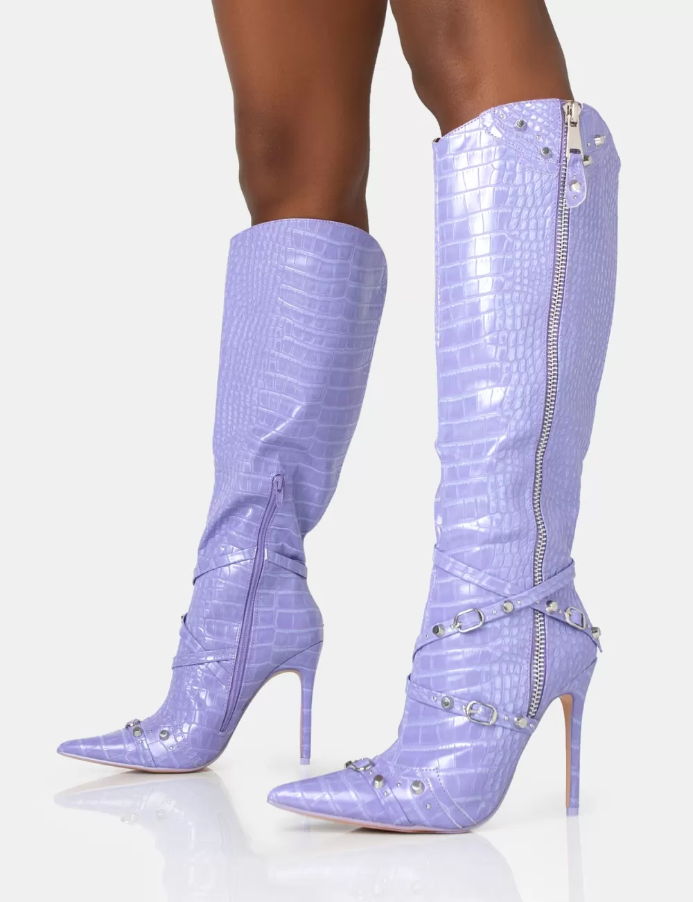 Fashion Public Desire Worthy Lilac Croc Studded Zip Detail Pointed Toe Stiletto Knee High Boots Purple