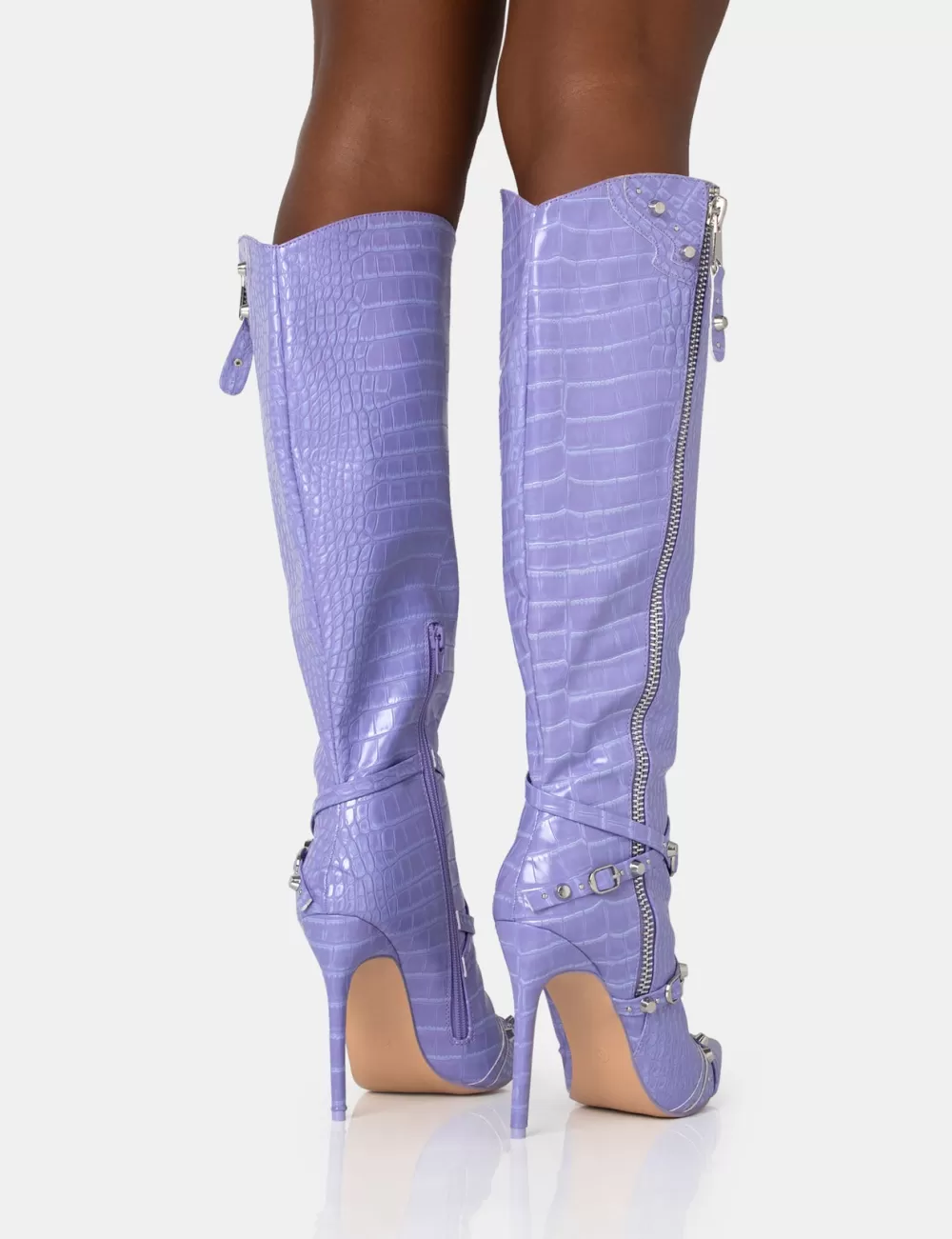 Fashion Public Desire Worthy Lilac Croc Studded Zip Detail Pointed Toe Stiletto Knee High Boots Purple