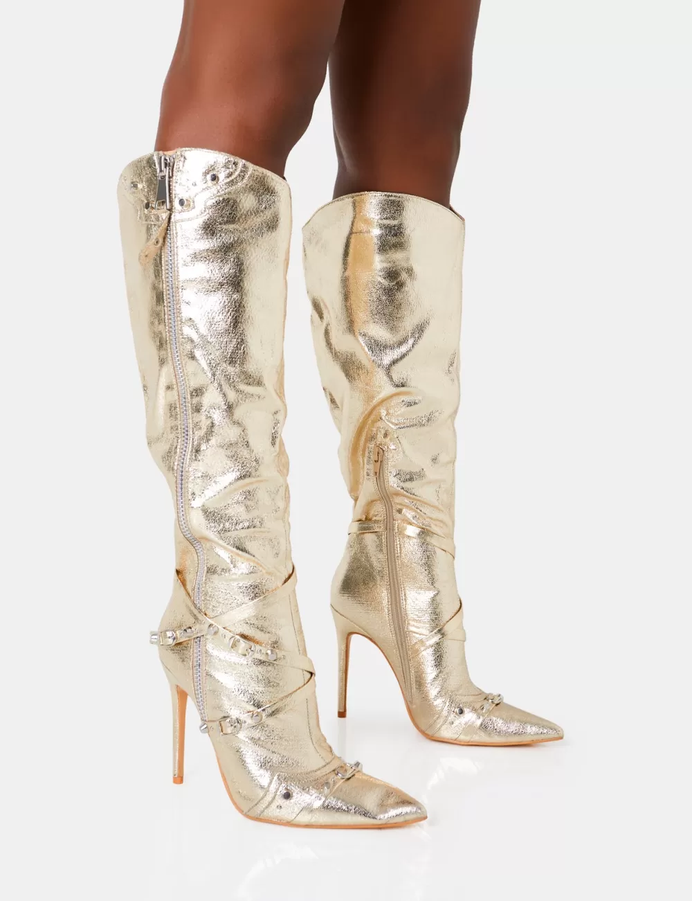 Discount Public Desire Worthy Metallic Studded Zip Detail Stiletto Knee High Boots Gold