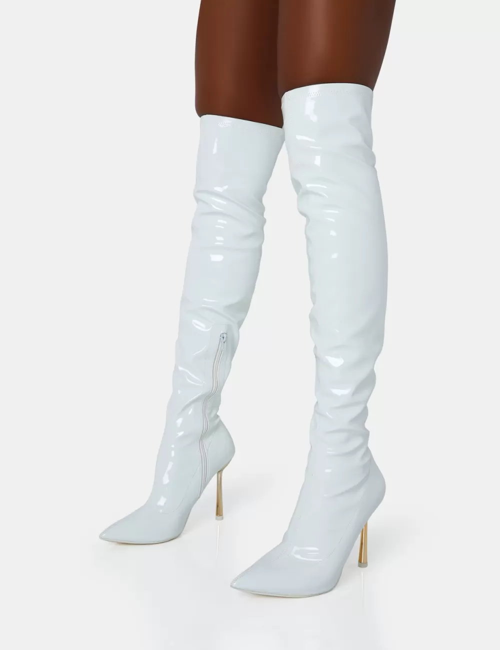 Clearance Public Desire Zhenya White Patent Gold Contrast Stiletto Over The Knee Boots