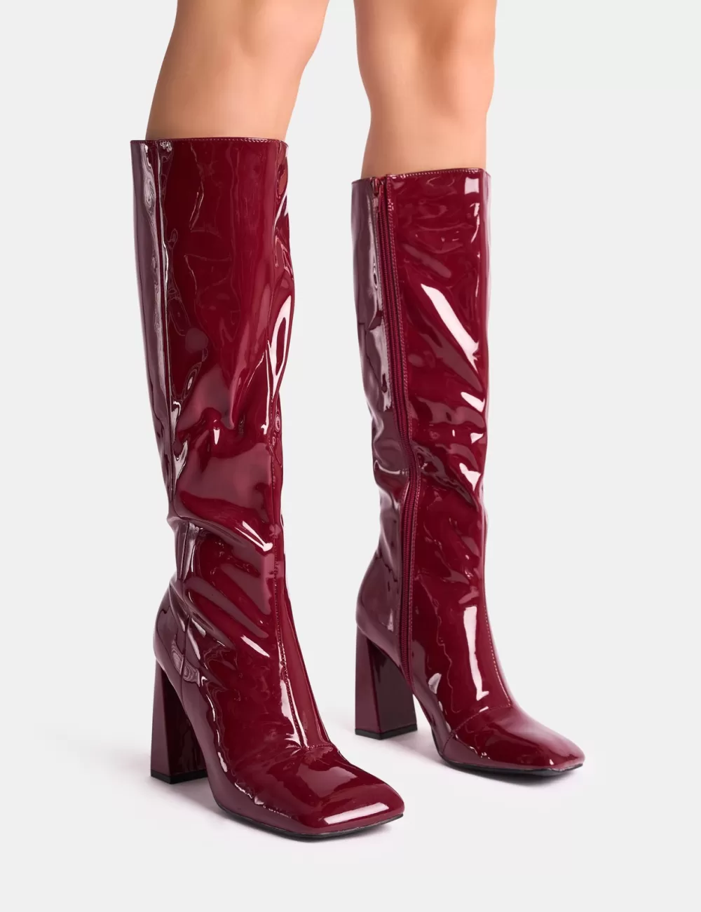 Sale Public Desire Zoya Patent Slant Toe Block Heel Knee High Sock Boots Burgundy