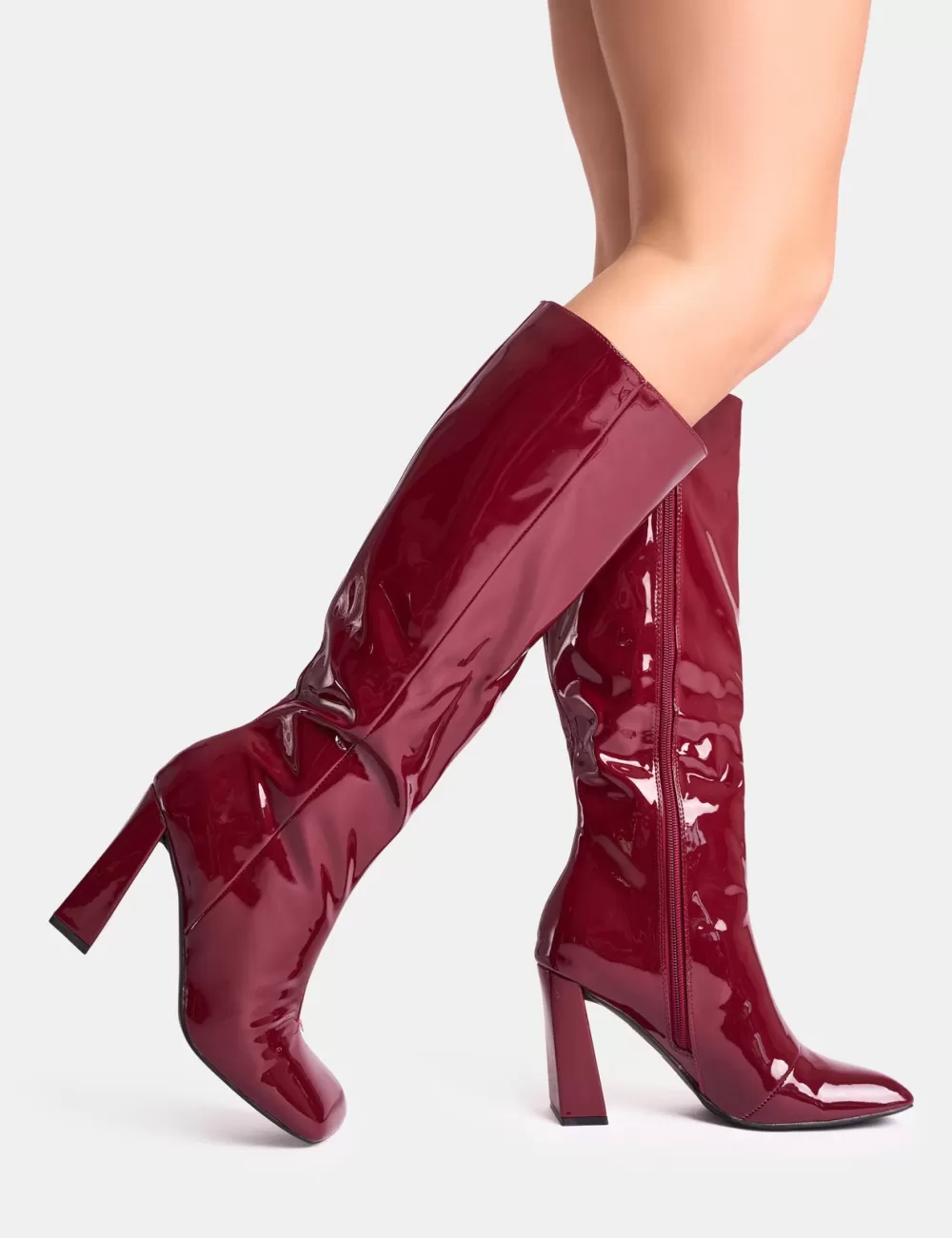 Sale Public Desire Zoya Patent Slant Toe Block Heel Knee High Sock Boots Burgundy