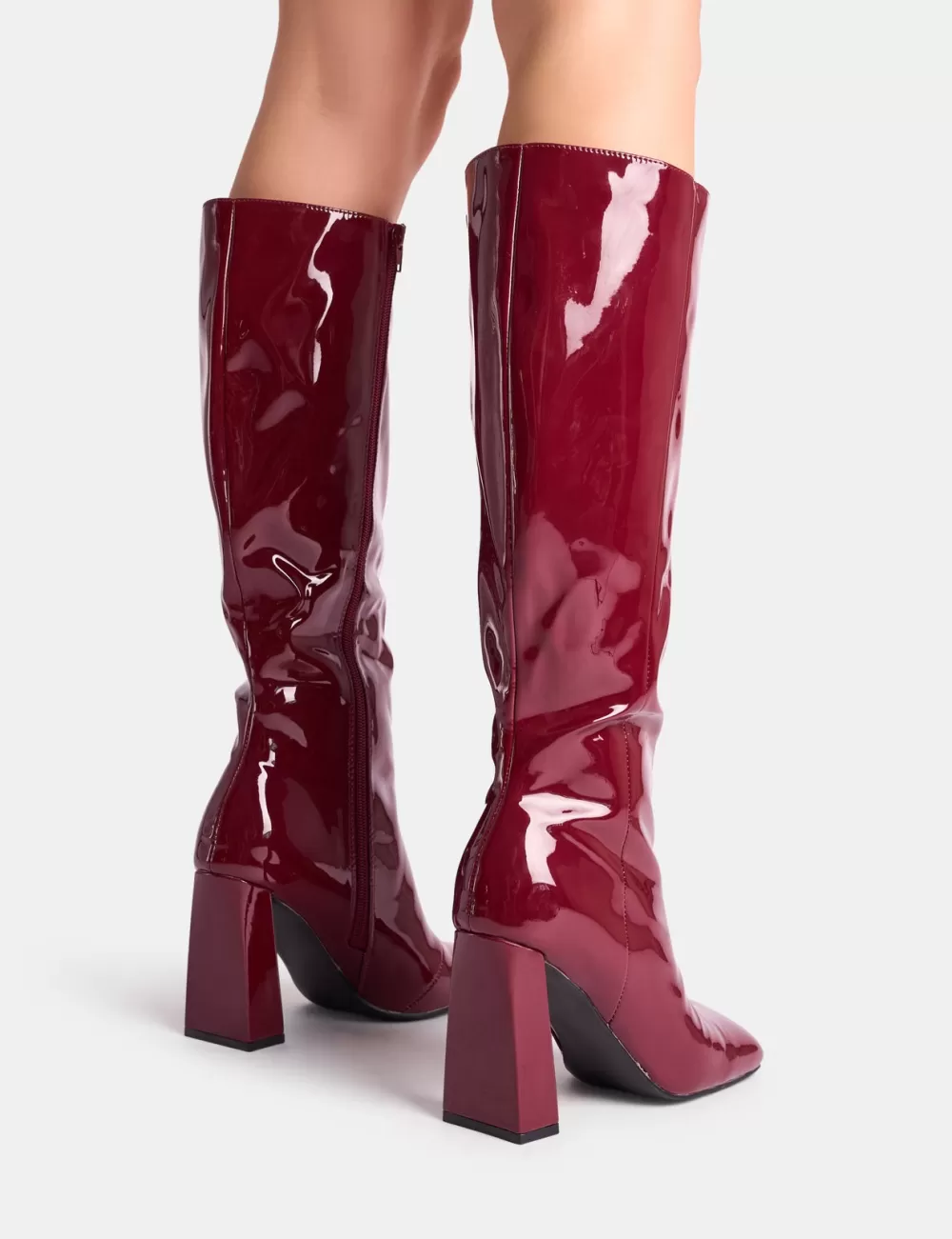 Sale Public Desire Zoya Patent Slant Toe Block Heel Knee High Sock Boots Burgundy
