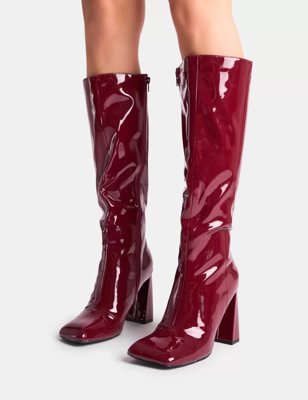 Sale Public Desire Zoya Patent Slant Toe Block Heel Knee High Sock Boots Burgundy