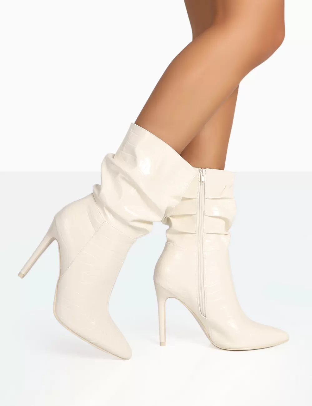 Fashion Public Desire Zurich Patent Croc Stiletto Ankle Pointed Heeled Boots Ecru