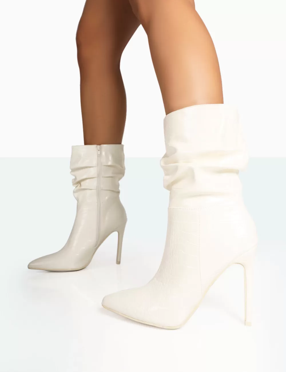Fashion Public Desire Zurich Patent Croc Stiletto Ankle Pointed Heeled Boots Ecru