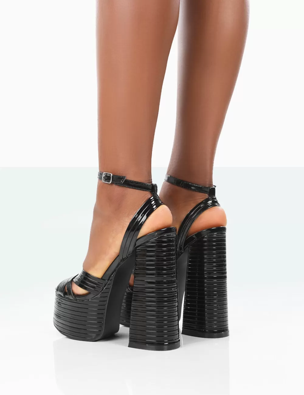 Hot Public Desire Zurra Metallic Pu Open Toe Platform Block Heels Black